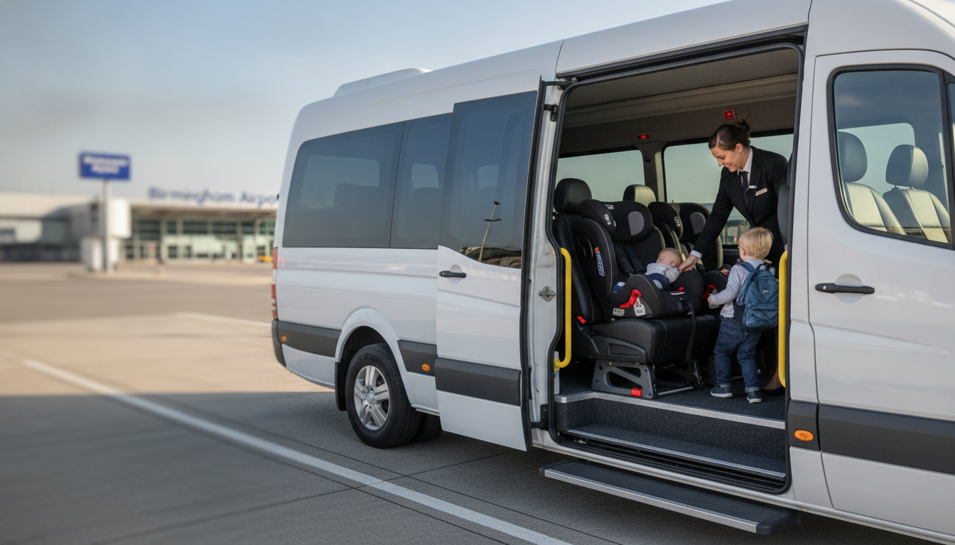 Birmingham Airport Runs: Ensuring Car Seat Safety and Comfort for Young Travellers — executive minibus meeting a group at Birmingham Airport
