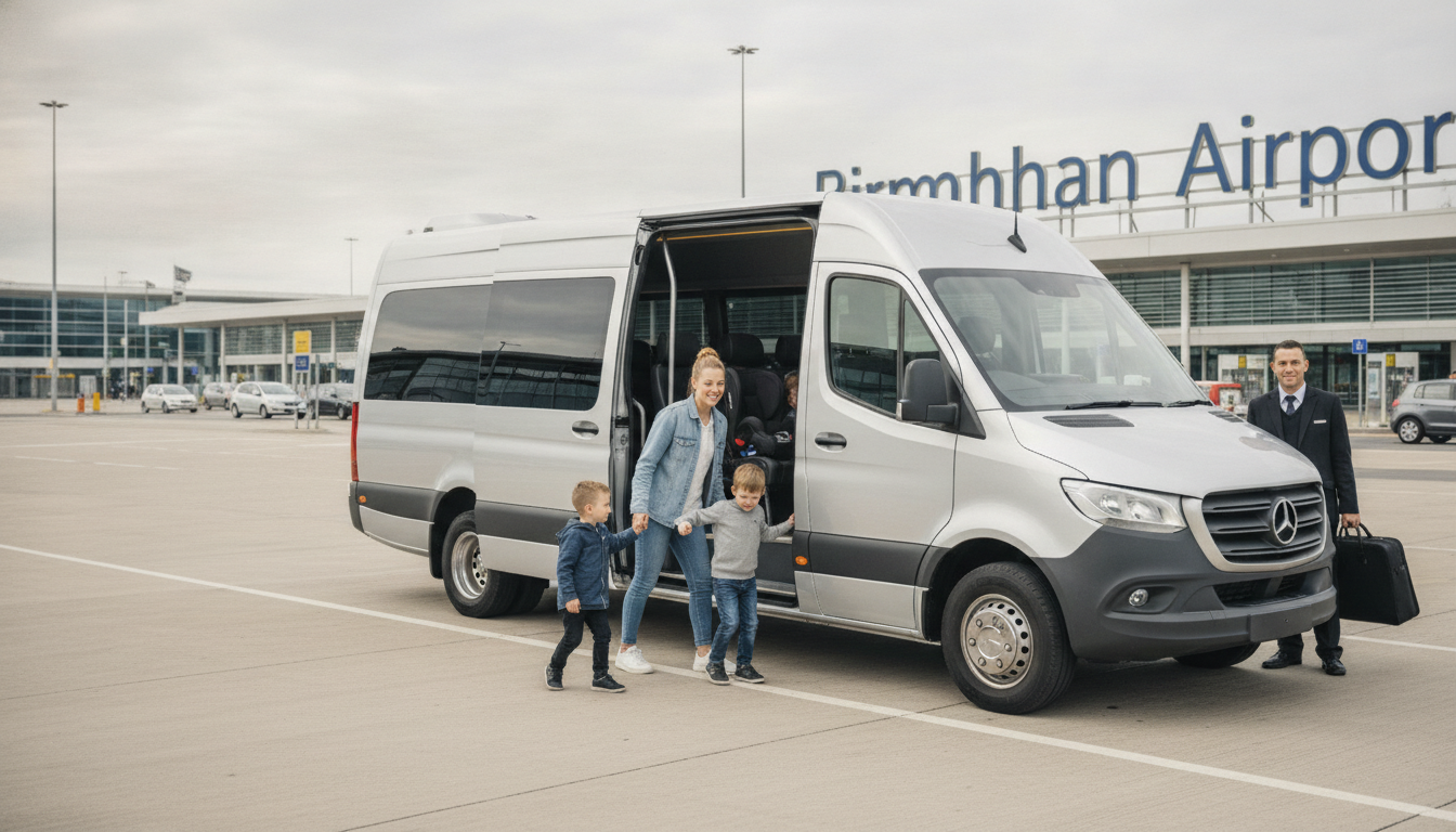 Travelling with Children? Why a Minibus is Your Best Birmingham Airport Solution — executive minibus meeting a group at Birmingham Airport