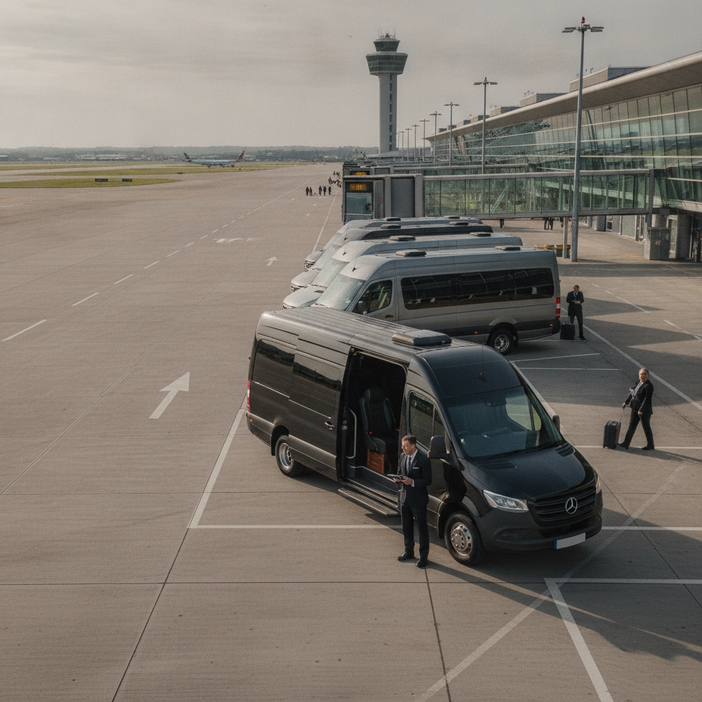Home — executive minibus meeting a group at Birmingham Airport