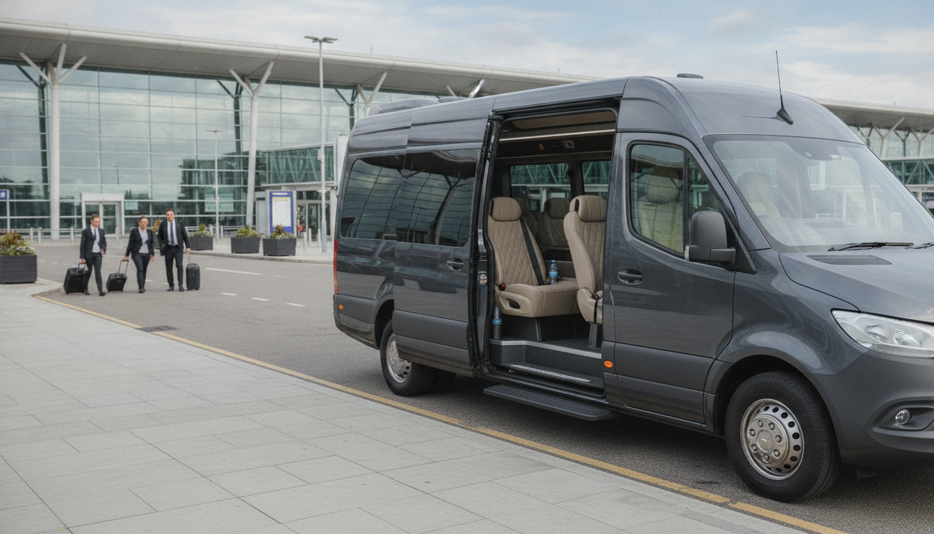 Corporate Travel Elevated: Premium Minibus Transfers for Birmingham Businesses — executive minibus meeting a group at Birmingham Airport