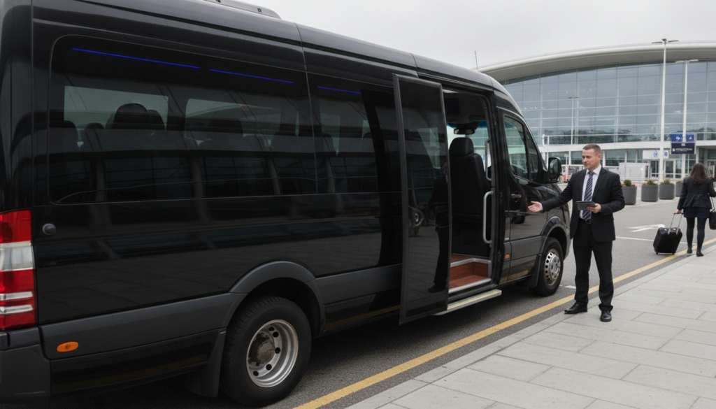 Punctuality and Professionalism: The Key to Stress-Free Corporate Airport Transfers in Birmingham — executive minibus meeting a group at Birmingham Airport