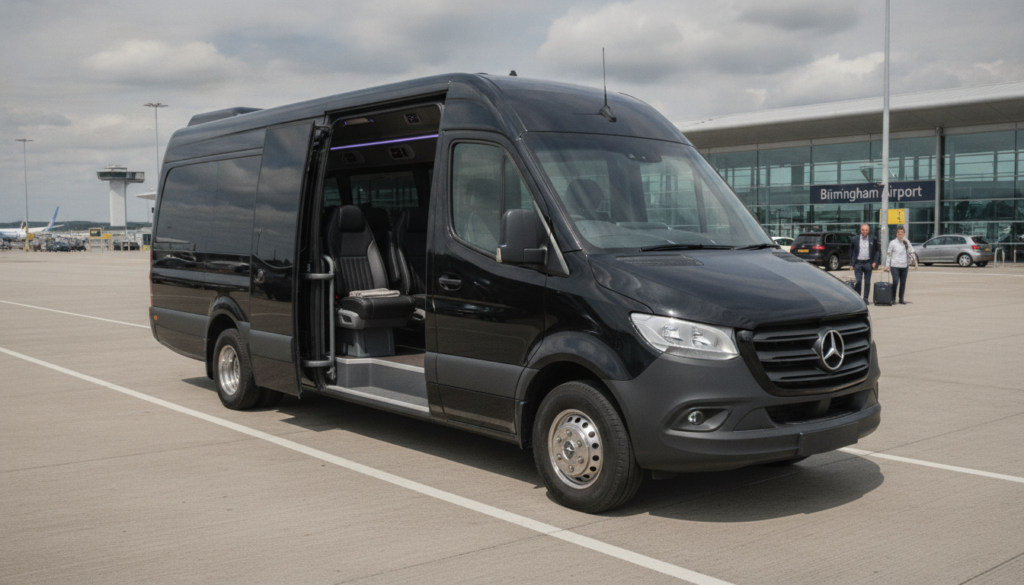 Impress Your Clients: Executive Minibus Transfers from Birmingham Airport — executive minibus meeting a group at Birmingham Airport